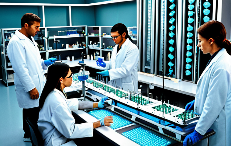 **Gene Editing Dilemma:** A futuristic laboratory scene with scientists working on DNA models, contrasted with a diverse group of people expressing concern and apprehension. Emphasize the ethical debate and potential for discrimination.