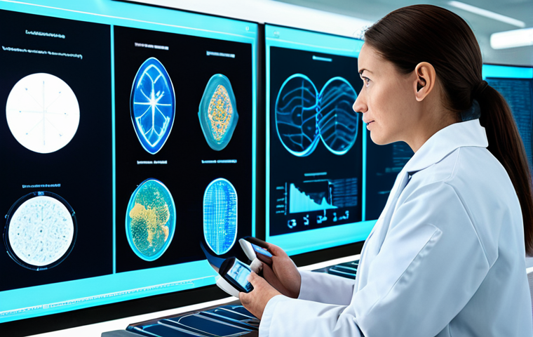 A focused scientist, professionally dressed in a crisp lab coat over modest business attire, stands in a sleek, futuristic medical research lab. They are intently observing a large, transparent holographic display that projects intricate genomic sequences and personalized health data visualizations. The pose is natural and contemplative, with perfect anatomy, correct proportions, well-formed hands, and proper finger count. The background features advanced laboratory equipment and soft, ambient lighting, conveying an atmosphere of scientific innovation. This image is fully clothed, appropriate attire, modest clothing, safe for work, appropriate content, professional, high quality, sharp focus, natural body proportions, family-friendly.