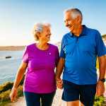 Active Lifestyle**

"A vibrant, energetic senior couple, fully clothed in comfortable activewear, power walking along a scenic coastal path in Portugal. The sun is setting, casting a warm golden glow. They are smiling and appear healthy and happy. In the background, the ocean stretches out, and a few fishing boats are visible. Emphasis on natural light, healthy appearance, and a family-friendly activity. Safe for work. Appropriate content. Professional photography, perfect anatomy, natural proportions."

**