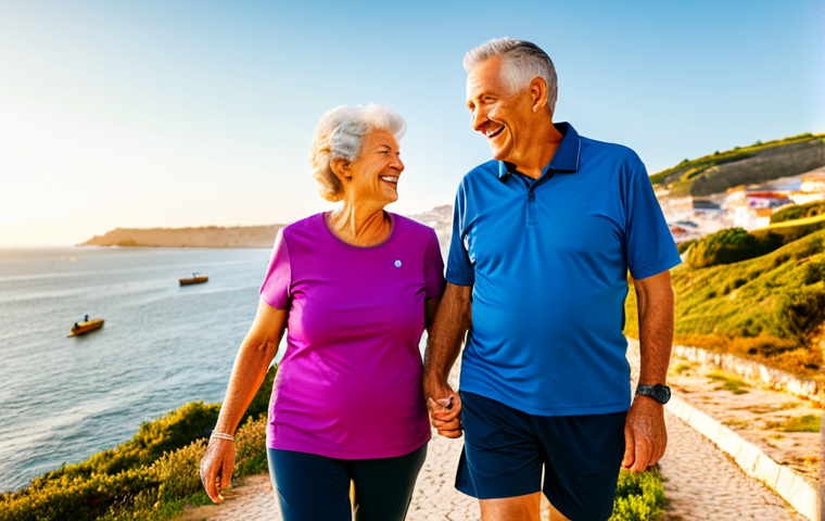 Active Lifestyle**
"A vibrant, energetic senior couple, fully clothed in comfortable activewear, power walking along a scenic coastal path in Portugal. The sun is setting, casting a warm golden glow. They are smiling and appear healthy and happy. In the background, the ocean stretches out, and a few fishing boats are visible. Emphasis on natural light, healthy appearance, and a family-friendly activity. Safe for work. Appropriate content. Professional photography, perfect anatomy, natural proportions."
**