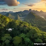 Home 21 야생동물 보호 기술 - A high-tech drone flying over a dense tropical rainforest in Brazil during golden hour, capturing ul...