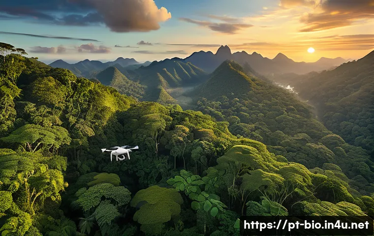 야생동물 보호 기술 - A high-tech drone flying over a dense tropical rainforest in Brazil during golden hour, capturing ul...
