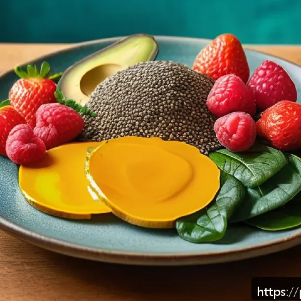 영양과 유전자 발현 - A vibrant and detailed still life composition of a colorful plate filled with nutrient-rich foods th...