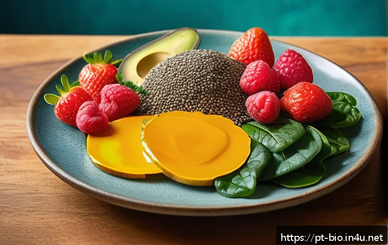 영양과 유전자 발현 - A vibrant and detailed still life composition of a colorful plate filled with nutrient-rich foods th...
