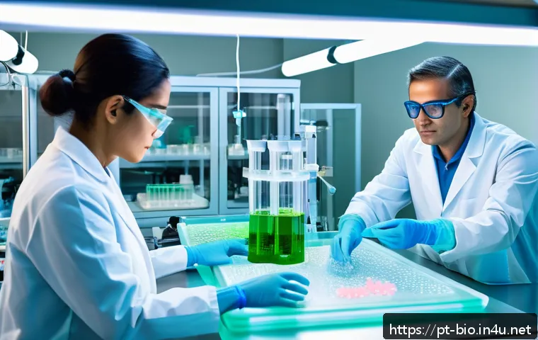 조직공학 기술 - A highly detailed scientific laboratory scene in Brazil showcasing researchers working with biodegra...
