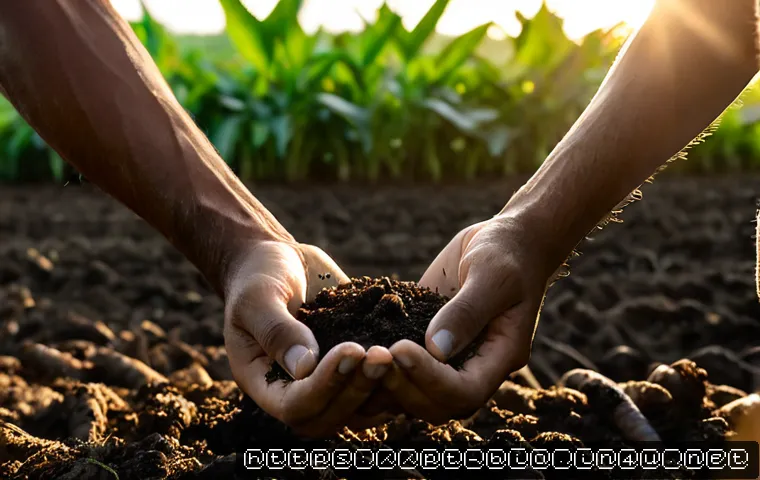 토양 미생물과 농업 - Photorealistic close-up of a Brazilian small farm field at sunrise, farmer’s hands holding dark fert...