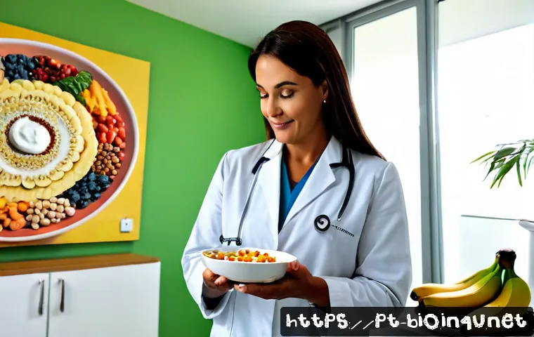 미생물 군집과 인간 건강 - Photorealistic Brazilian nutritionist in a bright modern clinic, warmly explaining a colorful plate ...